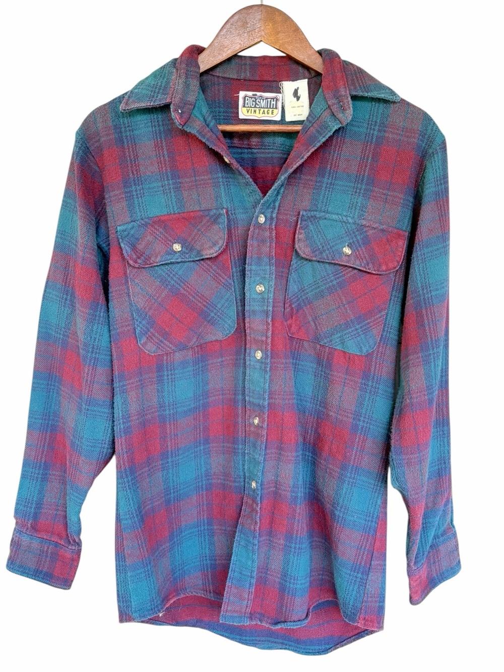VTG Big Smith Flannel Mens Teal Burgundy Plaid Beavyweight Cotton 90’s Grunge